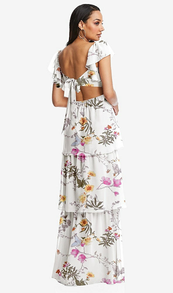Back View - Butterfly Botanica Ivory Flutter Sleeve Cutout Tie-Back Maxi Dress with Tiered Ruffle Skirt