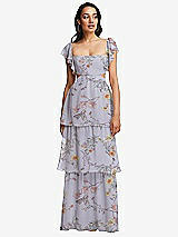 Front View Thumbnail - Butterfly Botanica Silver Dove Flutter Sleeve Cutout Tie-Back Maxi Dress with Tiered Ruffle Skirt