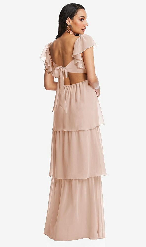 Back View - Cameo Flutter Sleeve Cutout Tie-Back Maxi Dress with Tiered Ruffle Skirt