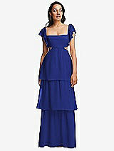 Front View Thumbnail - Cobalt Blue Flutter Sleeve Cutout Tie-Back Maxi Dress with Tiered Ruffle Skirt