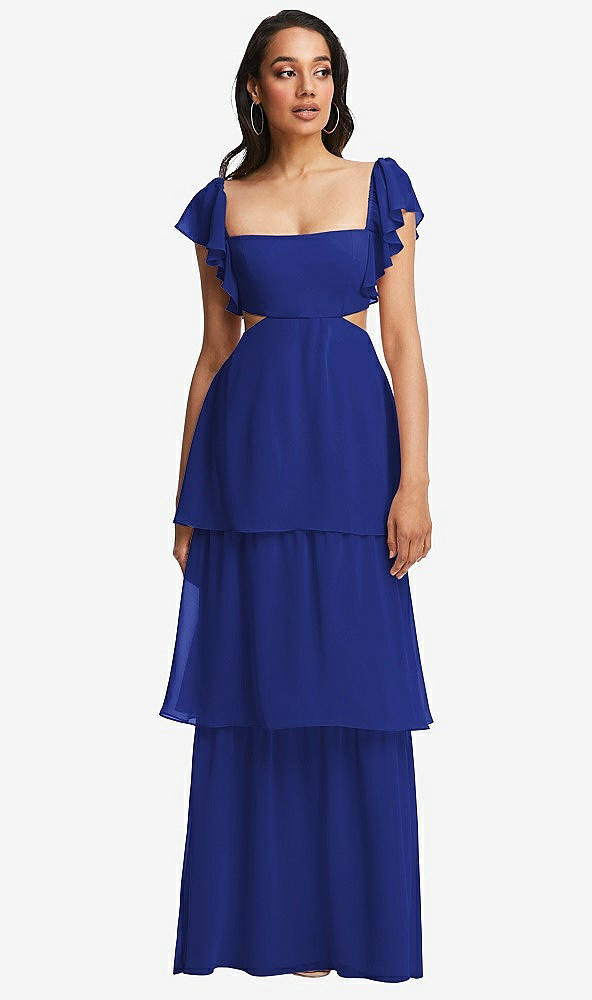 Front View - Cobalt Blue Flutter Sleeve Cutout Tie-Back Maxi Dress with Tiered Ruffle Skirt