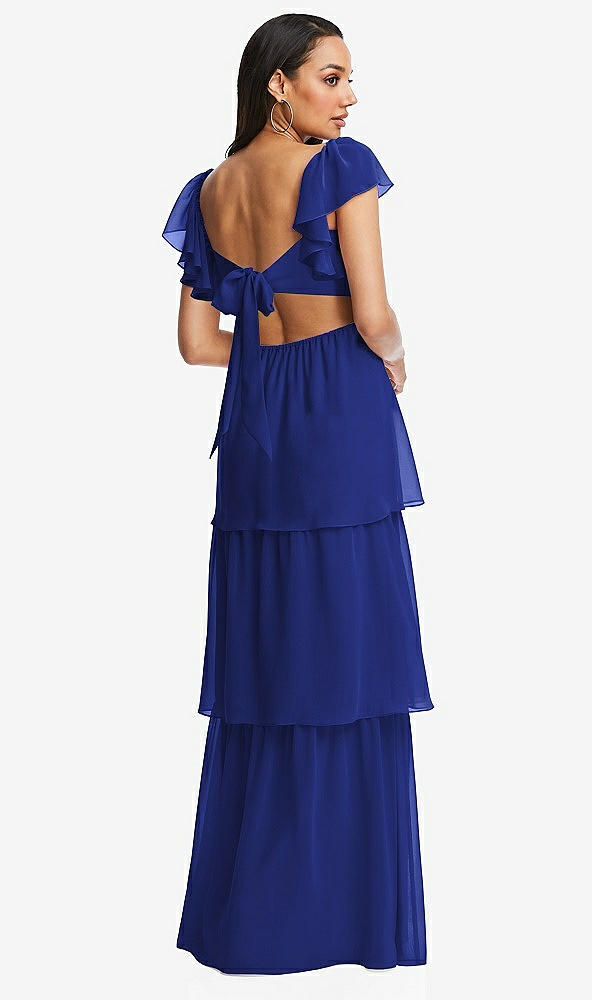 Back View - Cobalt Blue Flutter Sleeve Cutout Tie-Back Maxi Dress with Tiered Ruffle Skirt