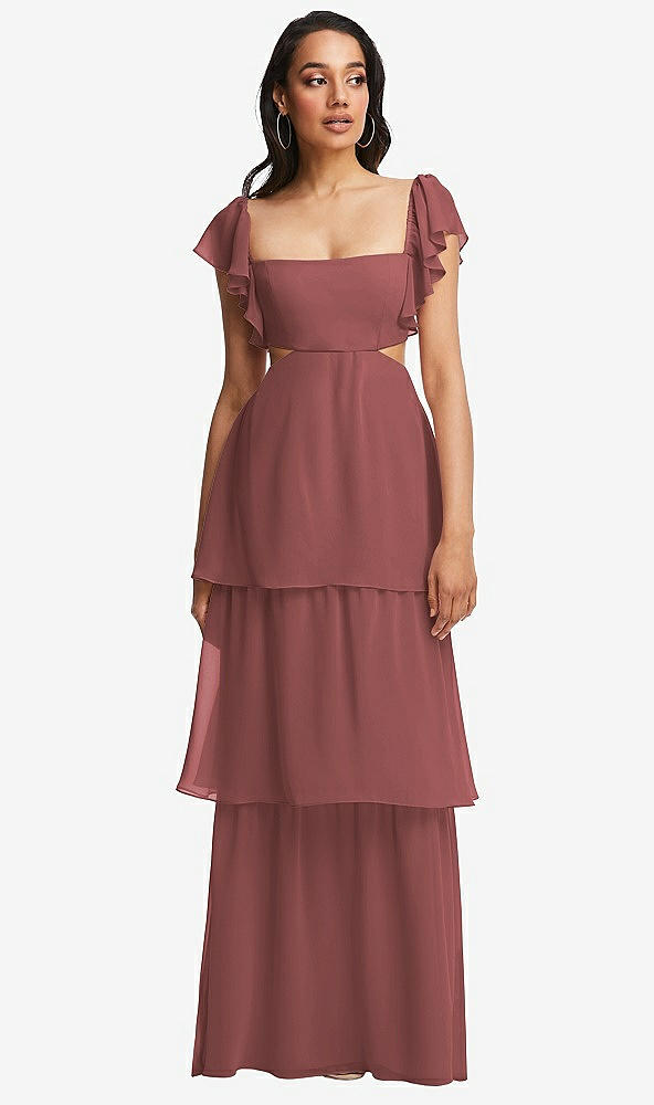 Front View - English Rose Flutter Sleeve Cutout Tie-Back Maxi Dress with Tiered Ruffle Skirt