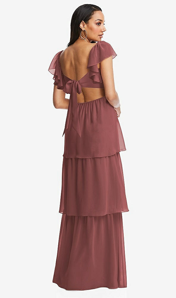 Back View - English Rose Flutter Sleeve Cutout Tie-Back Maxi Dress with Tiered Ruffle Skirt