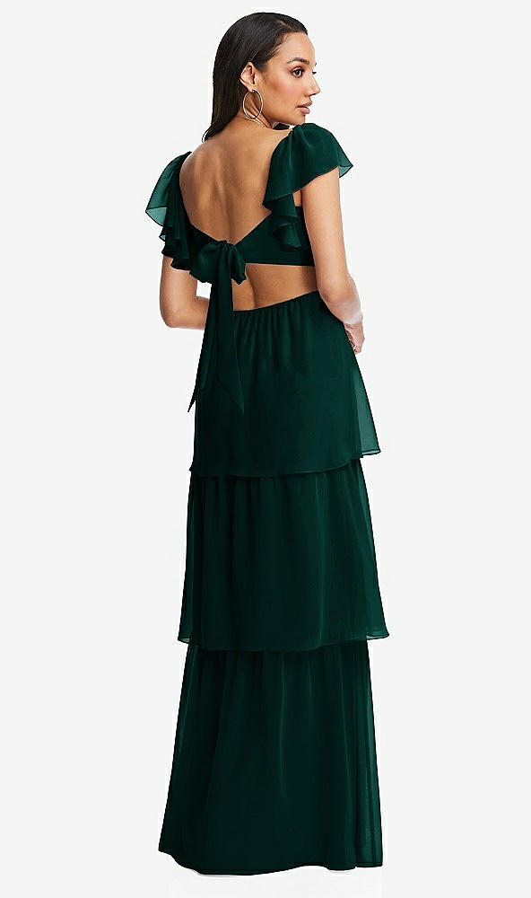 Back View - Evergreen Flutter Sleeve Cutout Tie-Back Maxi Dress with Tiered Ruffle Skirt