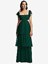 Front View Thumbnail - Hunter Green Flutter Sleeve Cutout Tie-Back Maxi Dress with Tiered Ruffle Skirt