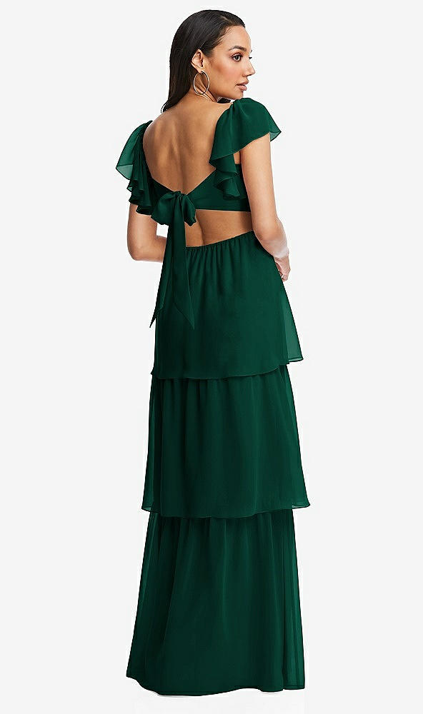 Back View - Hunter Green Flutter Sleeve Cutout Tie-Back Maxi Dress with Tiered Ruffle Skirt