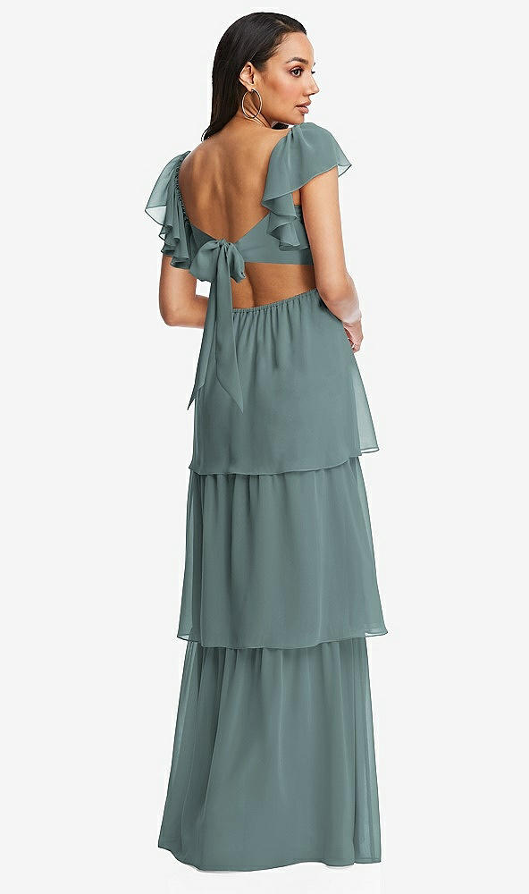 Back View - Icelandic Flutter Sleeve Cutout Tie-Back Maxi Dress with Tiered Ruffle Skirt