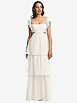 Front View Thumbnail - Ivory Flutter Sleeve Cutout Tie-Back Maxi Dress with Tiered Ruffle Skirt