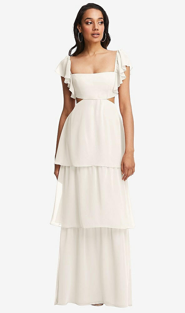 Front View - Ivory Flutter Sleeve Cutout Tie-Back Maxi Dress with Tiered Ruffle Skirt