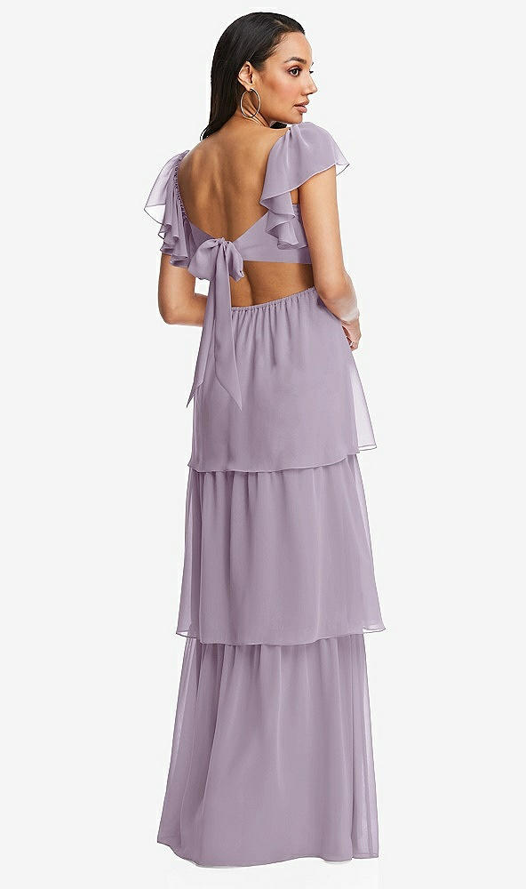 Back View - Lilac Haze Flutter Sleeve Cutout Tie-Back Maxi Dress with Tiered Ruffle Skirt