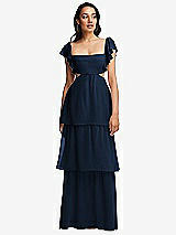 Front View Thumbnail - Midnight Navy Flutter Sleeve Cutout Tie-Back Maxi Dress with Tiered Ruffle Skirt