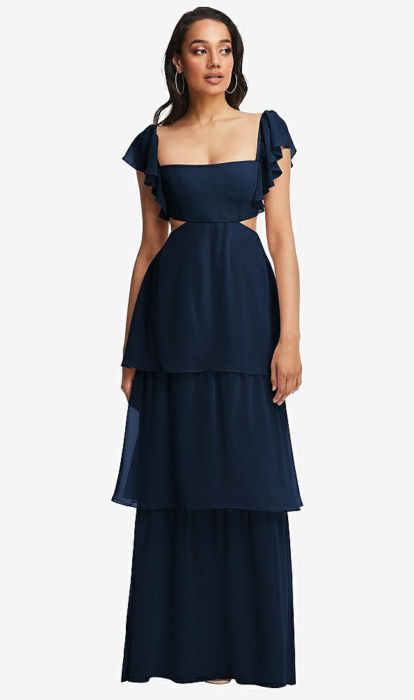 Front View - Midnight Navy Flutter Sleeve Cutout Tie-Back Maxi Dress with Tiered Ruffle Skirt