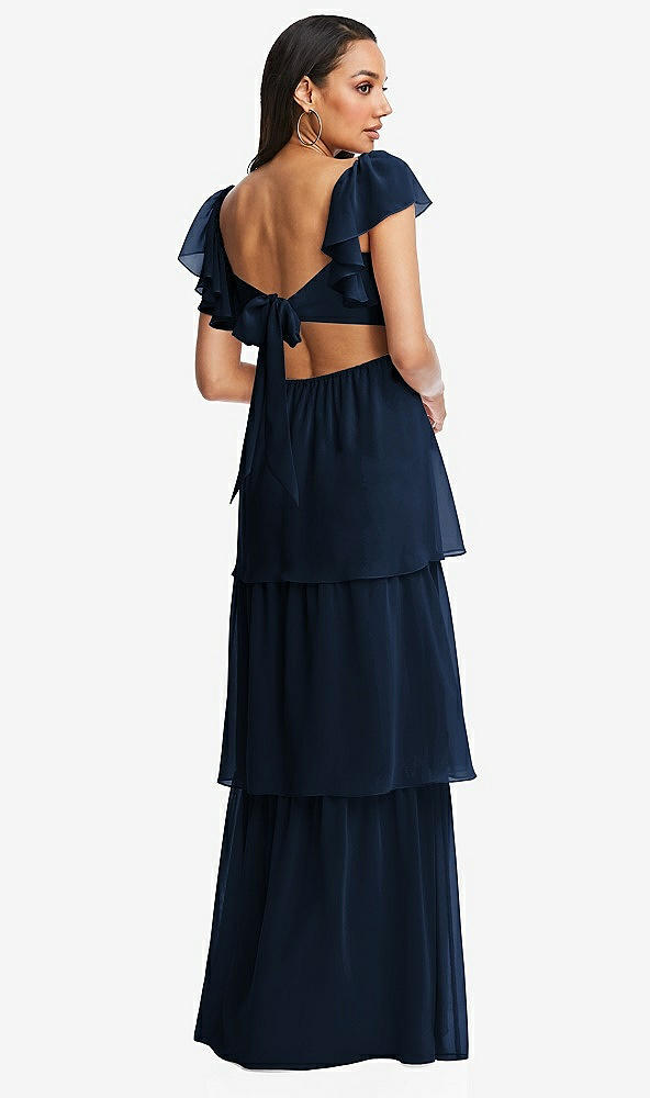 Back View - Midnight Navy Flutter Sleeve Cutout Tie-Back Maxi Dress with Tiered Ruffle Skirt