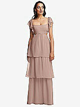 Front View Thumbnail - Neu Nude Flutter Sleeve Cutout Tie-Back Maxi Dress with Tiered Ruffle Skirt