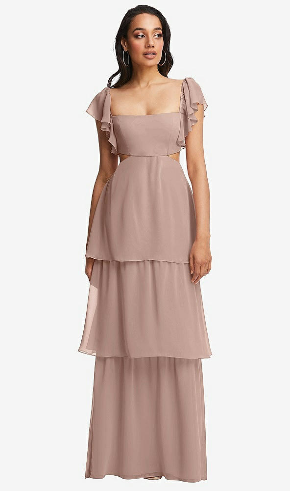 Front View - Neu Nude Flutter Sleeve Cutout Tie-Back Maxi Dress with Tiered Ruffle Skirt