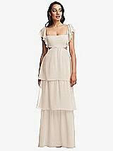 Front View Thumbnail - Oat Flutter Sleeve Cutout Tie-Back Maxi Dress with Tiered Ruffle Skirt