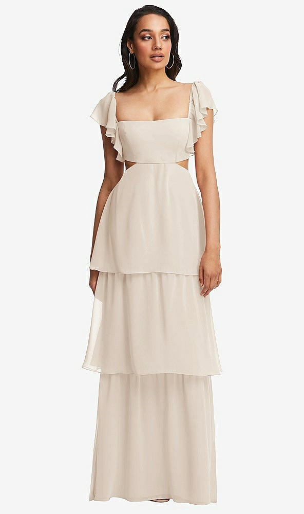 Front View - Oat Flutter Sleeve Cutout Tie-Back Maxi Dress with Tiered Ruffle Skirt