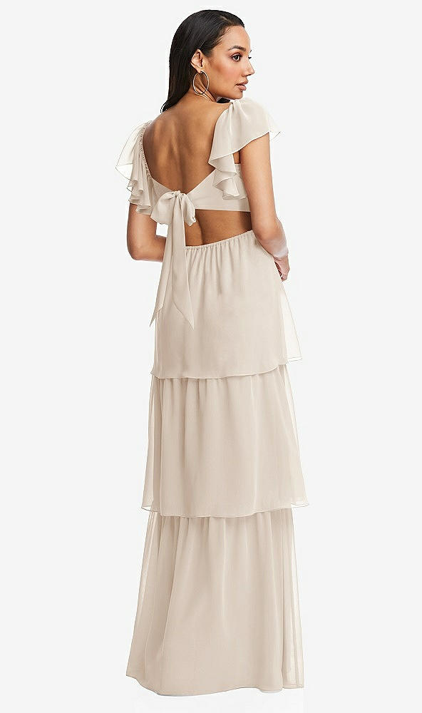 Back View - Oat Flutter Sleeve Cutout Tie-Back Maxi Dress with Tiered Ruffle Skirt