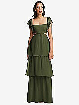 Front View Thumbnail - Olive Green Flutter Sleeve Cutout Tie-Back Maxi Dress with Tiered Ruffle Skirt