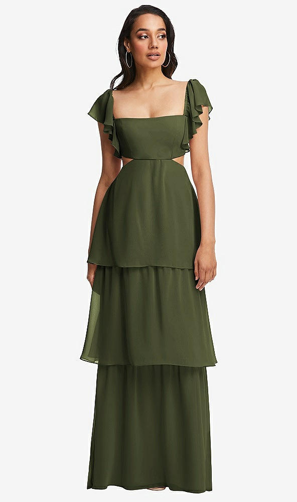 Front View - Olive Green Flutter Sleeve Cutout Tie-Back Maxi Dress with Tiered Ruffle Skirt