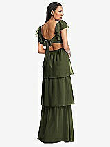 Rear View Thumbnail - Olive Green Flutter Sleeve Cutout Tie-Back Maxi Dress with Tiered Ruffle Skirt