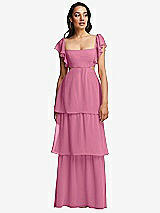 Front View Thumbnail - Orchid Pink Flutter Sleeve Cutout Tie-Back Maxi Dress with Tiered Ruffle Skirt