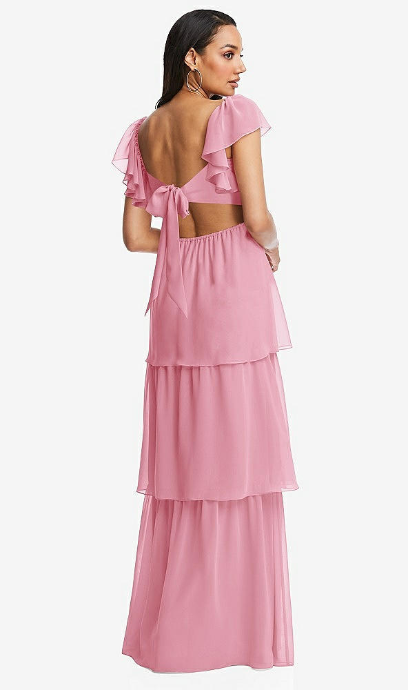 Back View - Peony Pink Flutter Sleeve Cutout Tie-Back Maxi Dress with Tiered Ruffle Skirt