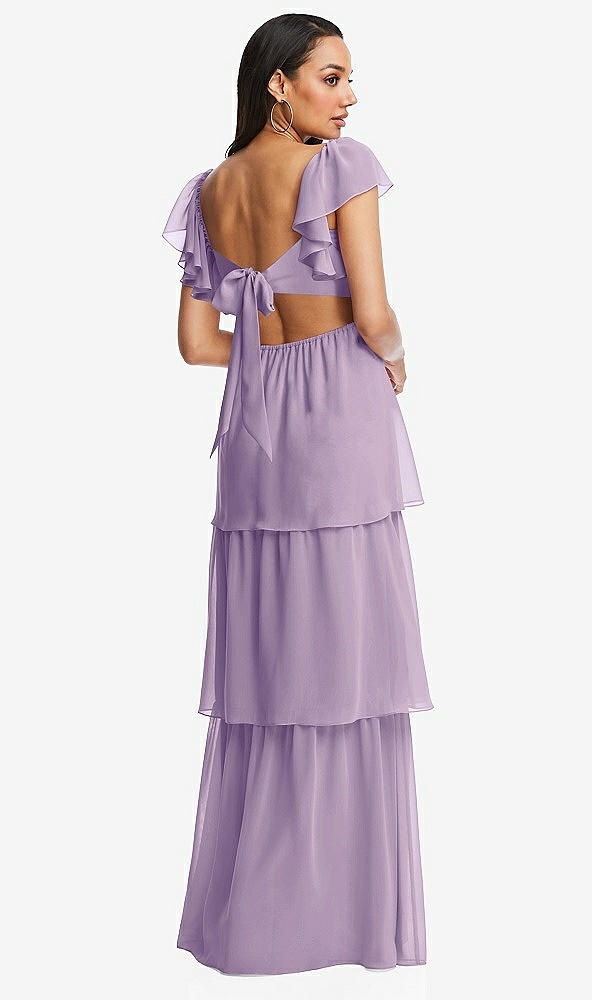 Back View - Pale Purple Flutter Sleeve Cutout Tie-Back Maxi Dress with Tiered Ruffle Skirt
