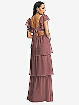 Rear View Thumbnail - Rosewood Flutter Sleeve Cutout Tie-Back Maxi Dress with Tiered Ruffle Skirt