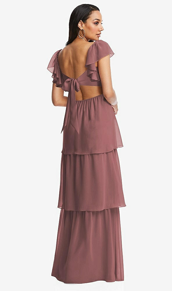 Back View - Rosewood Flutter Sleeve Cutout Tie-Back Maxi Dress with Tiered Ruffle Skirt