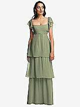 Front View Thumbnail - Sage Flutter Sleeve Cutout Tie-Back Maxi Dress with Tiered Ruffle Skirt
