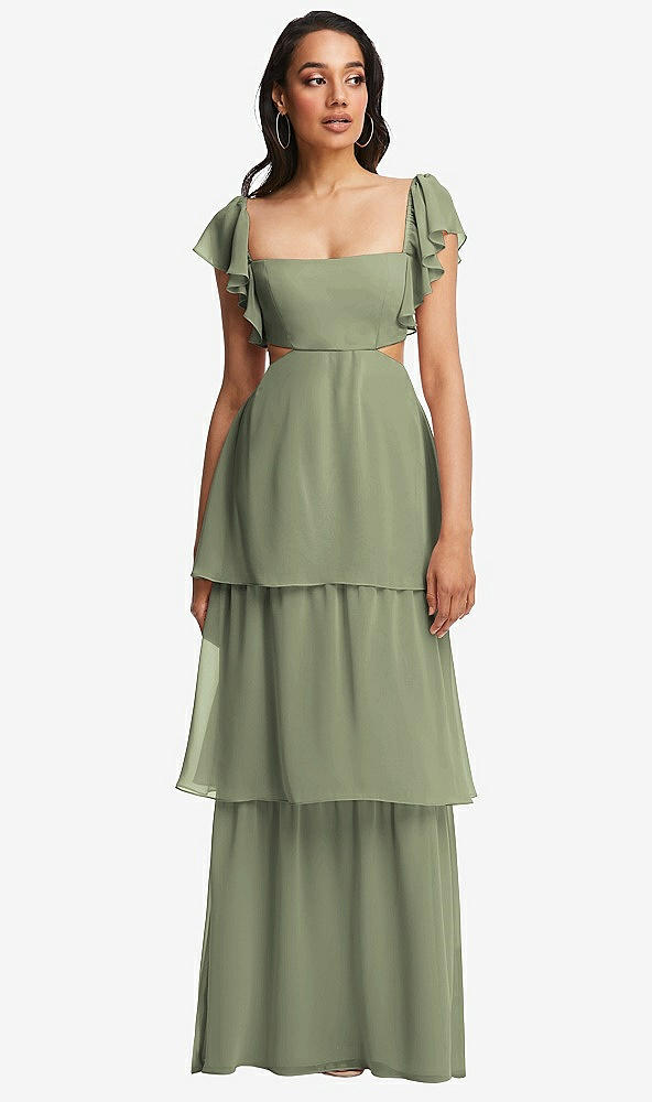 Front View - Sage Flutter Sleeve Cutout Tie-Back Maxi Dress with Tiered Ruffle Skirt