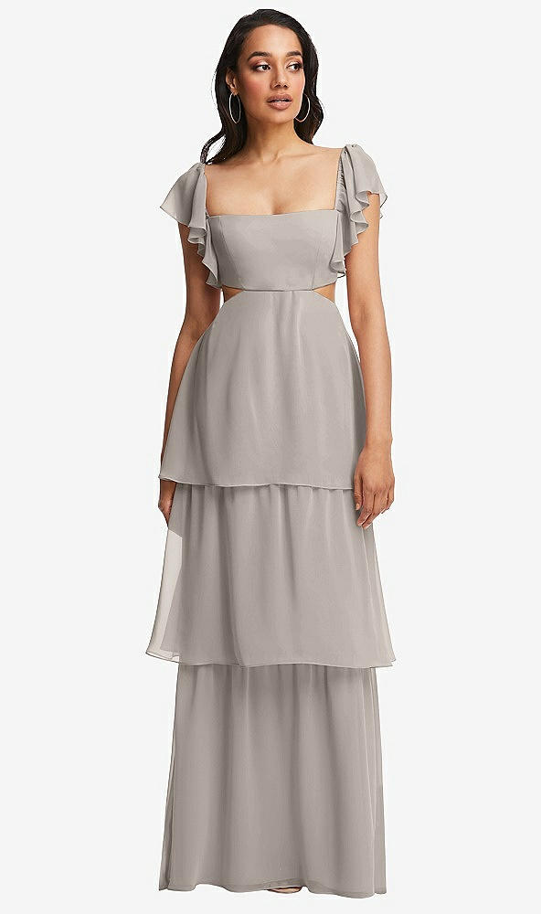 Front View - Taupe Flutter Sleeve Cutout Tie-Back Maxi Dress with Tiered Ruffle Skirt