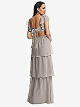 Rear View Thumbnail - Taupe Flutter Sleeve Cutout Tie-Back Maxi Dress with Tiered Ruffle Skirt