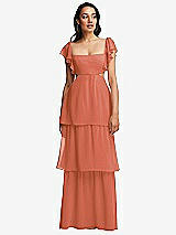 Front View Thumbnail - Terracotta Copper Flutter Sleeve Cutout Tie-Back Maxi Dress with Tiered Ruffle Skirt