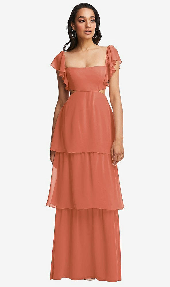 Front View - Terracotta Copper Flutter Sleeve Cutout Tie-Back Maxi Dress with Tiered Ruffle Skirt
