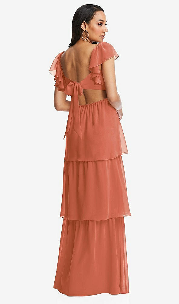 Back View - Terracotta Copper Flutter Sleeve Cutout Tie-Back Maxi Dress with Tiered Ruffle Skirt