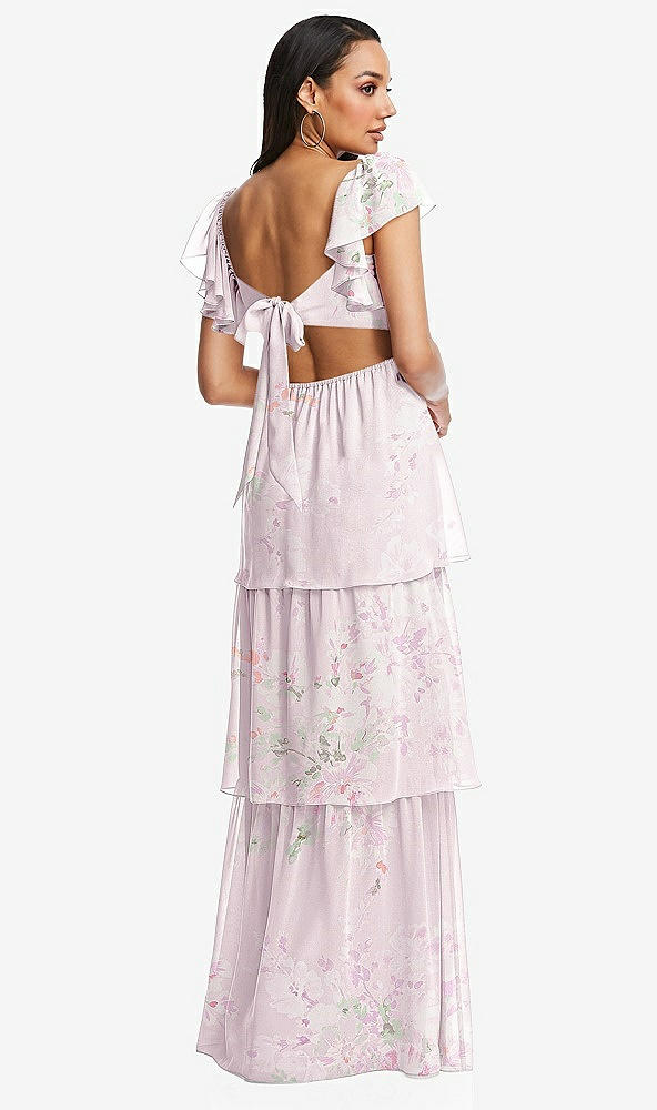 Back View - Watercolor Print Flutter Sleeve Cutout Tie-Back Maxi Dress with Tiered Ruffle Skirt