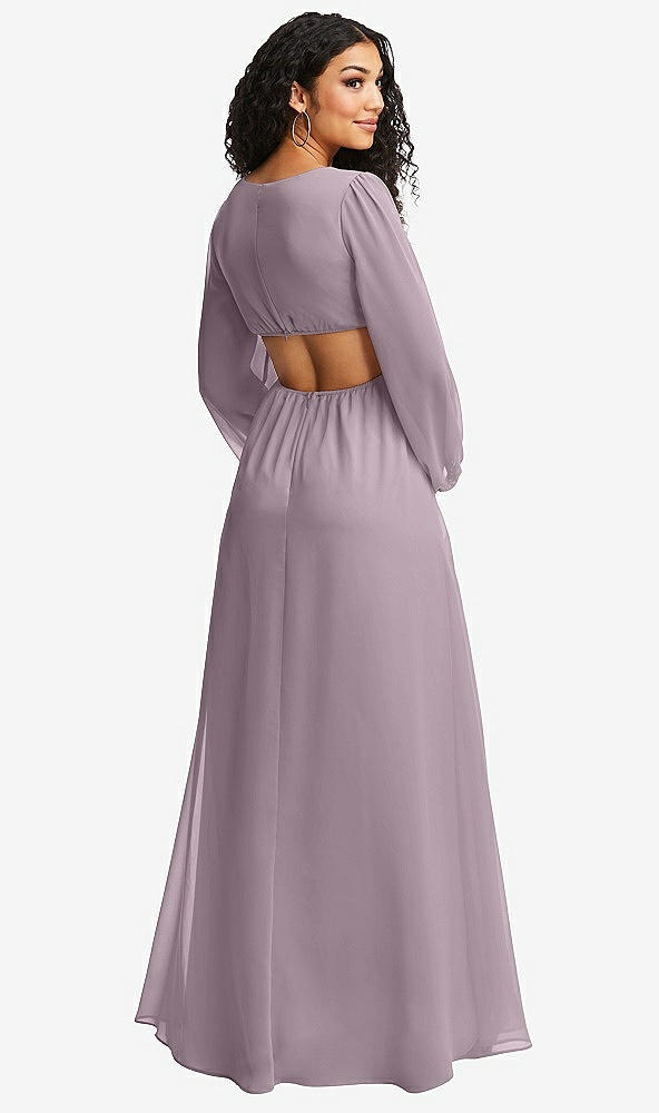 Back View - Lilac Dusk Long Puff Sleeve Cutout Waist Chiffon Maxi Dress 