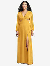 Front View Thumbnail - NYC Yellow Long Puff Sleeve Cutout Waist Chiffon Maxi Dress 