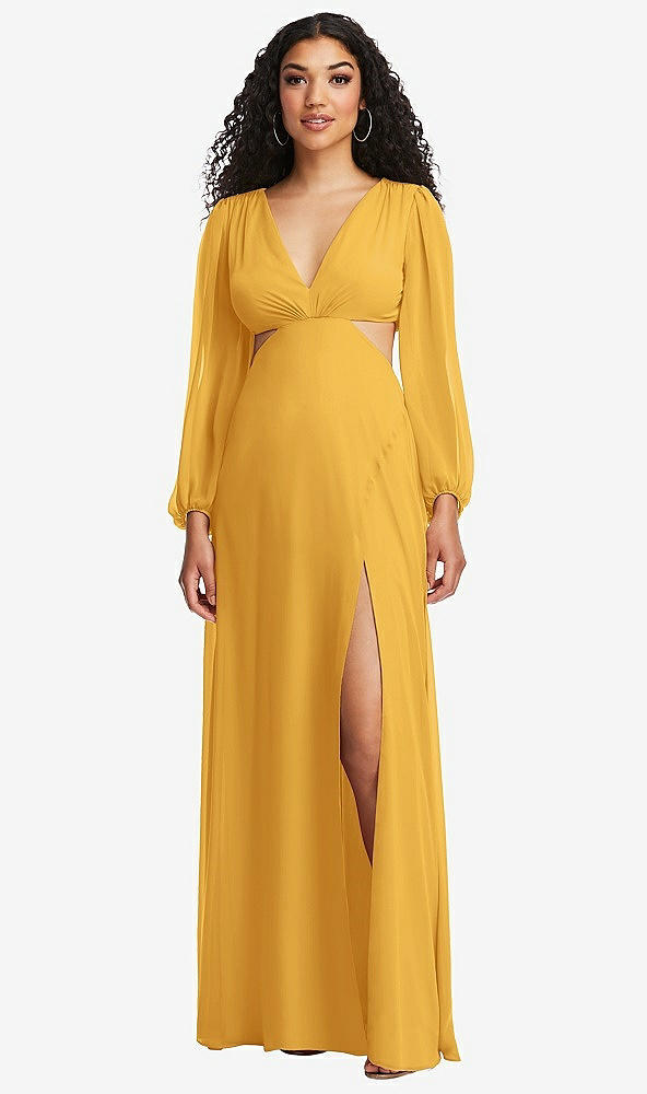 Front View - NYC Yellow Long Puff Sleeve Cutout Waist Chiffon Maxi Dress 