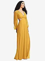 Side View Thumbnail - NYC Yellow Long Puff Sleeve Cutout Waist Chiffon Maxi Dress 
