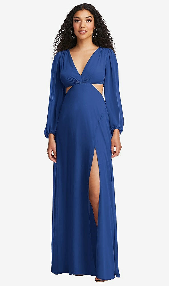 Front View - Classic Blue Long Puff Sleeve Cutout Waist Chiffon Maxi Dress 
