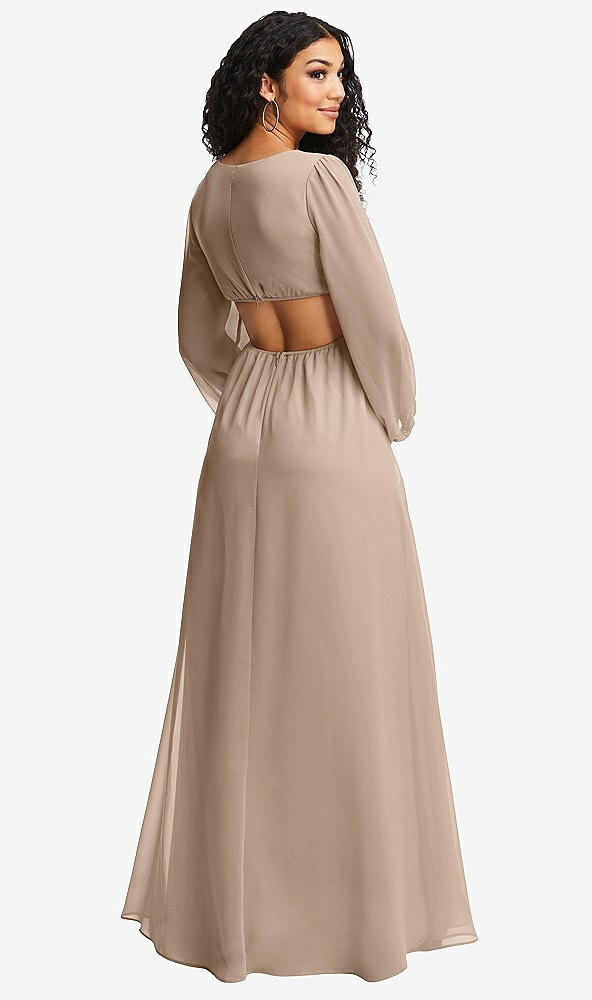 Back View - Topaz Long Puff Sleeve Cutout Waist Chiffon Maxi Dress 
