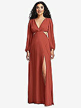 Front View Thumbnail - Amber Sunset Long Puff Sleeve Cutout Waist Chiffon Maxi Dress 
