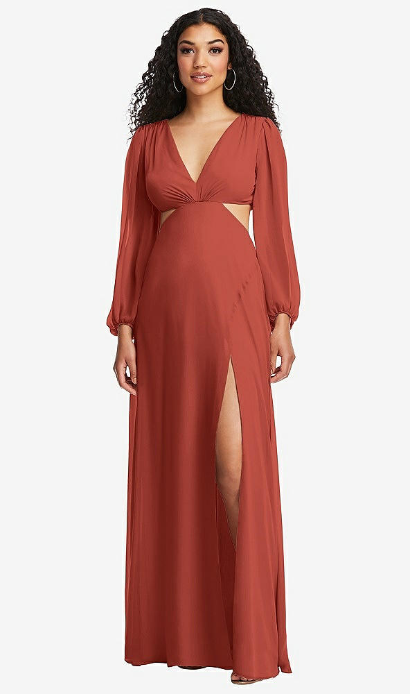 Front View - Amber Sunset Long Puff Sleeve Cutout Waist Chiffon Maxi Dress 
