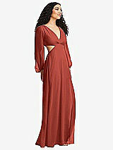 Side View Thumbnail - Amber Sunset Long Puff Sleeve Cutout Waist Chiffon Maxi Dress 