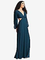 Side View Thumbnail - Atlantic Blue Long Puff Sleeve Cutout Waist Chiffon Maxi Dress 