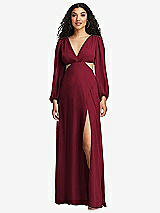 Front View Thumbnail - Burgundy Long Puff Sleeve Cutout Waist Chiffon Maxi Dress 
